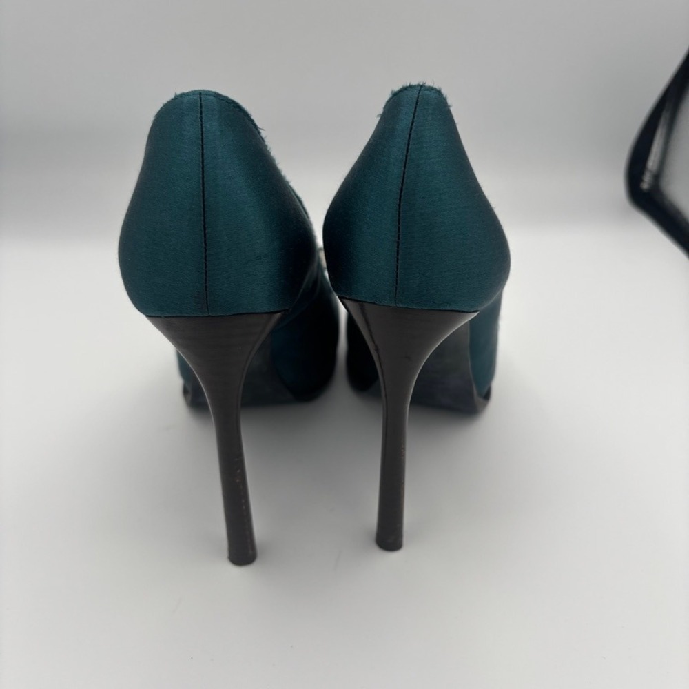 Lanvin Platform Pumps Women Sz 39 Teal Satin Buckle Stiletto Heel Luxury - Picture 5 of 16